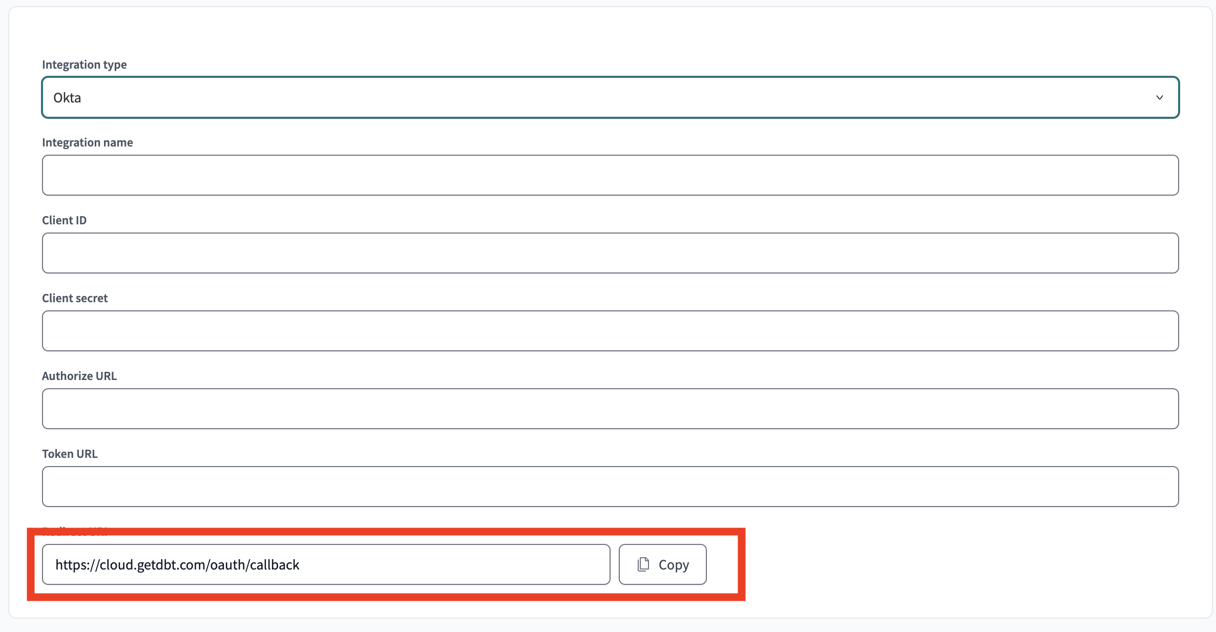 Copy the callback URI at the bottom of the integration page in dbt. Copy the callback URI at the bottom of the integration page in dbt.