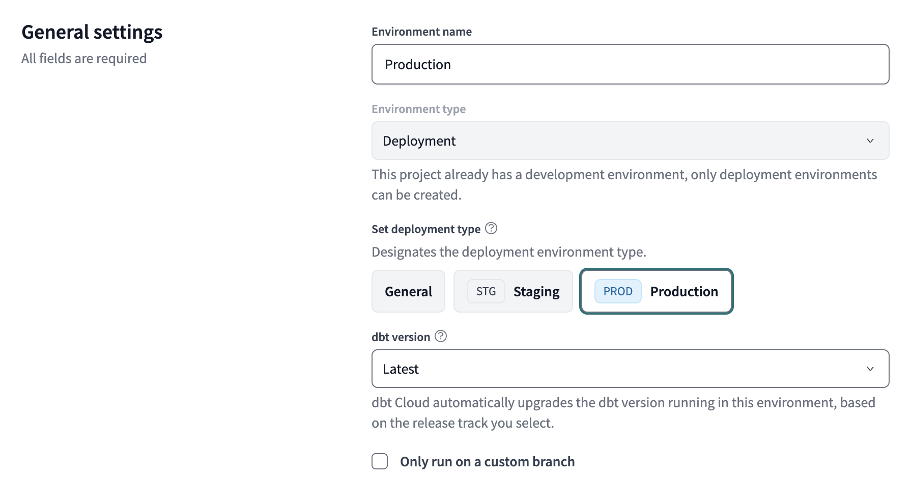 Example environment settings in dbt Example environment settings in dbt