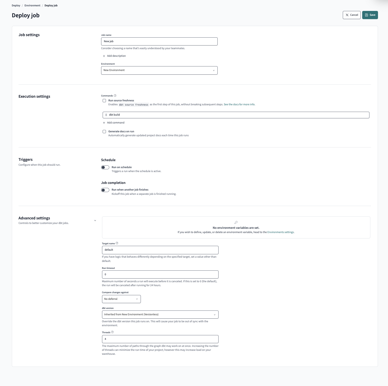 Settings of a dbt job Settings of a dbt job