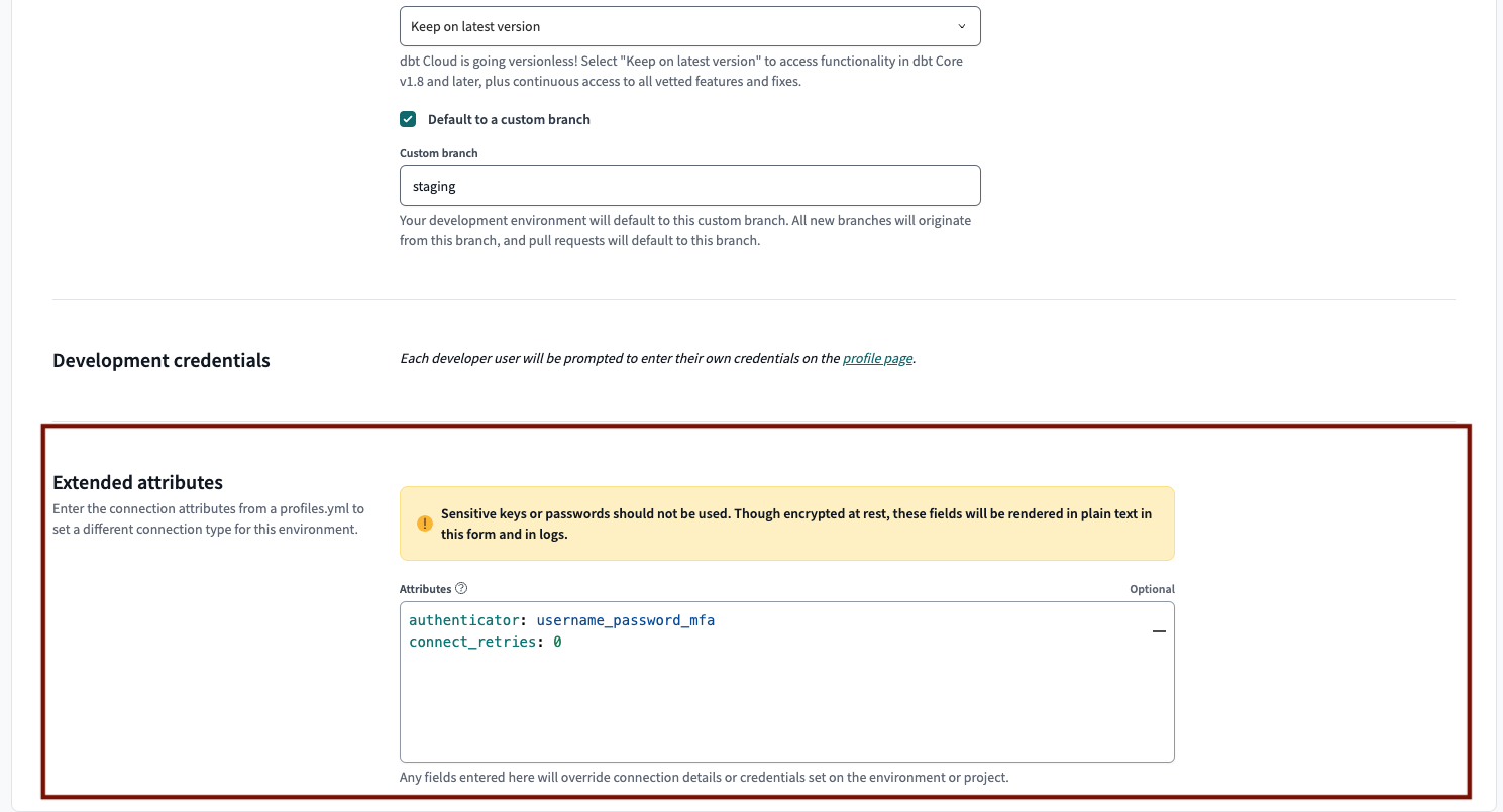 Configure the MFA username and password, and connect_retries in the development environment settings. Configure the MFA username and password, and connect_retries in the development environment settings.