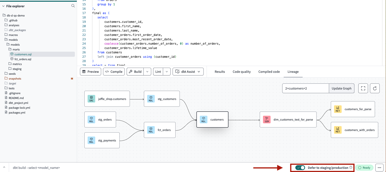 Select the 'Defer to production' toggle on the bottom right of the command bar to enable defer in the Studio IDE. Select the 'Defer to production' toggle on the bottom right of the command bar to enable defer in the Studio IDE.