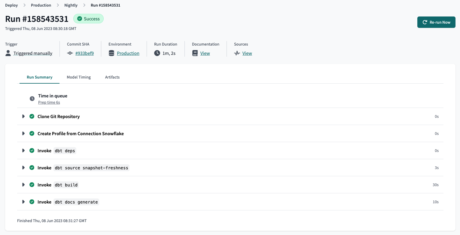 Overview of a dbt Cloud job run, which includes the job run details, trigger type, commit SHA, environment name, detailed run steps, logs, and more. Overview of a dbt Cloud job run, which includes the job run details, trigger type, commit SHA, environment name, detailed run steps, logs, and more.
