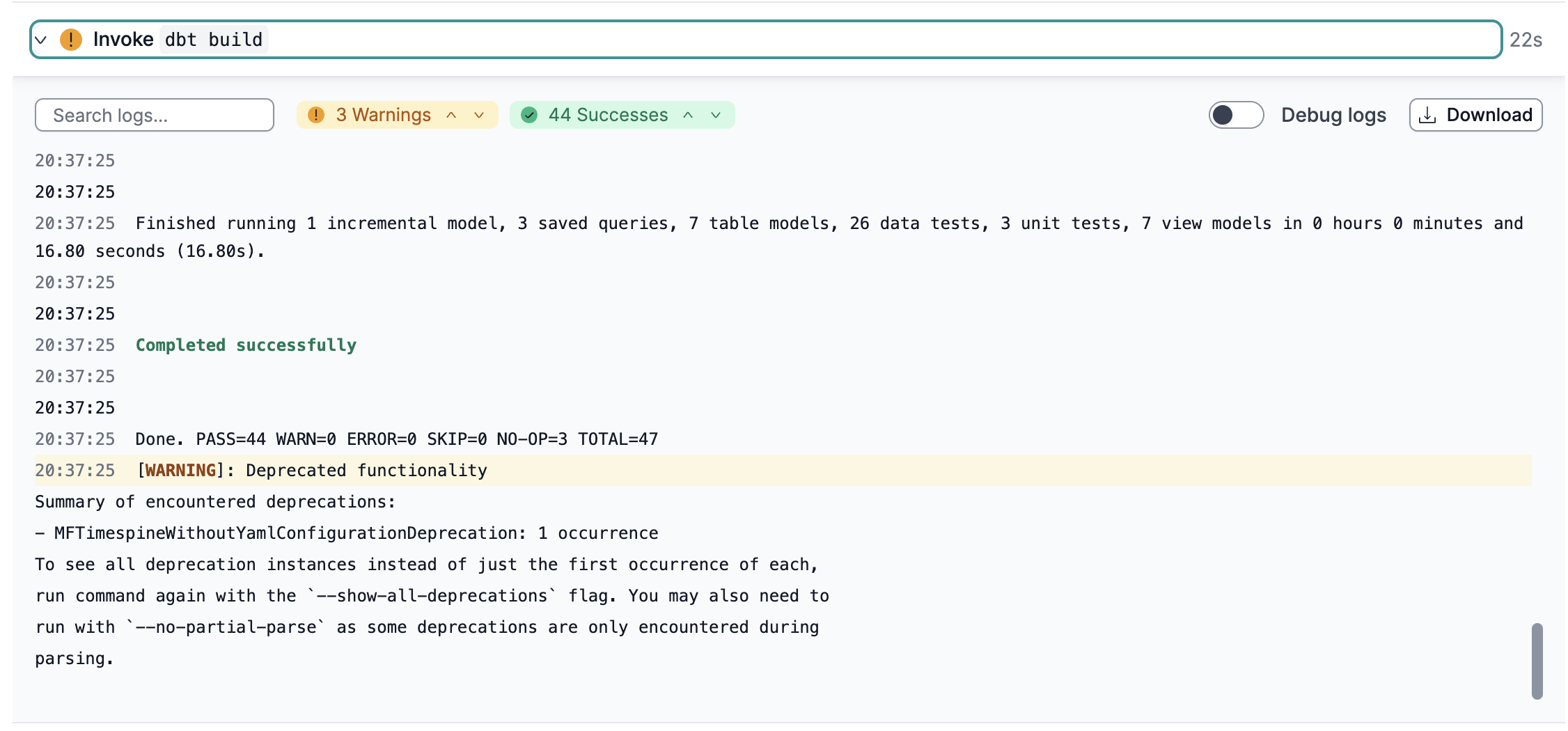 Deprecation warnings listed in the logs. Deprecation warnings listed in the logs.