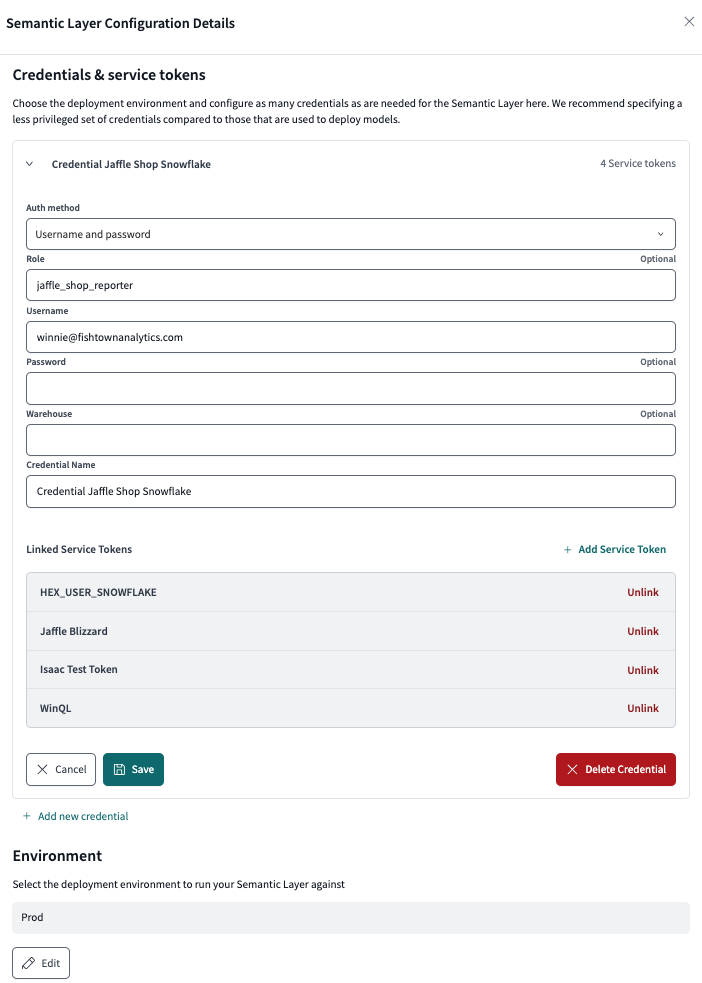 Use the configuration page to manage multiple credentials or link or unlink service tokens for more granular control. Use the configuration page to manage multiple credentials or link or unlink service tokens for more granular control.