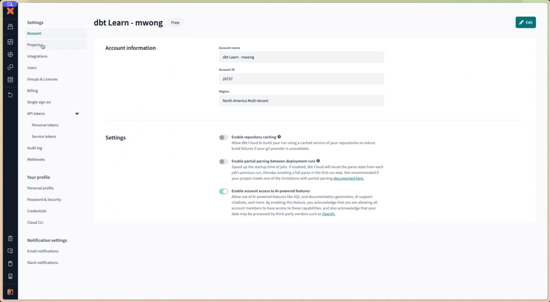 Navigate to 'Account settings' and then click + 'New Project' to create new projects in dbt Navigate to 'Account settings' and then click + 'New Project' to create new projects in dbt